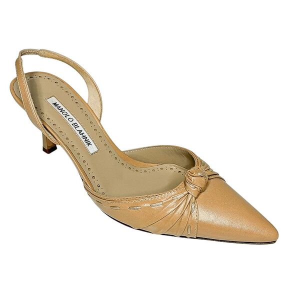 Manolo Blahnik Lazine Slingback Pumps EU 36.5 Tan Leather Knotted Pointed Heels - Picture 1 of 11